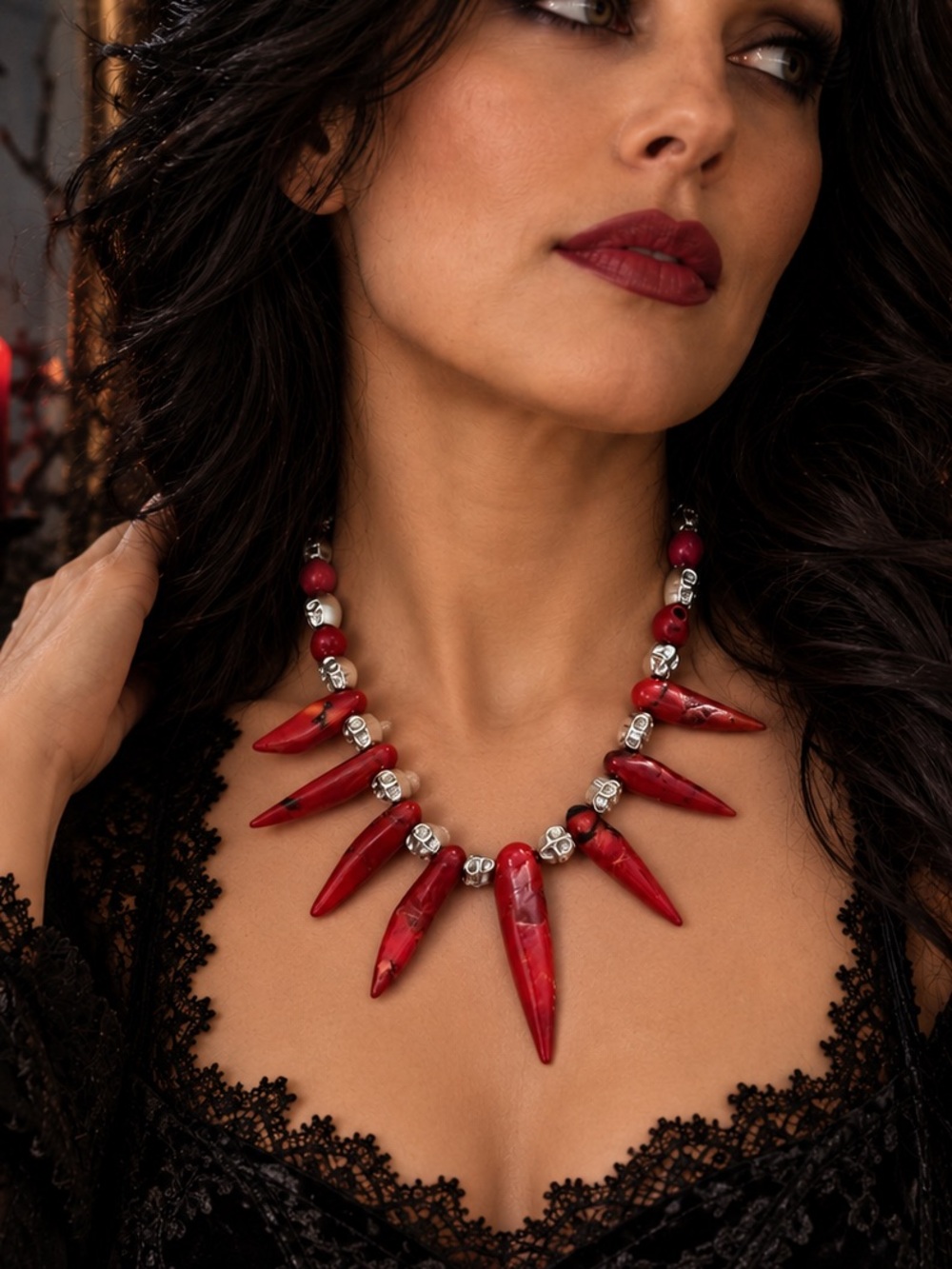 Gothic Skull & Red Chili Pepper Coral Statement Necklace | Artisan koreanna